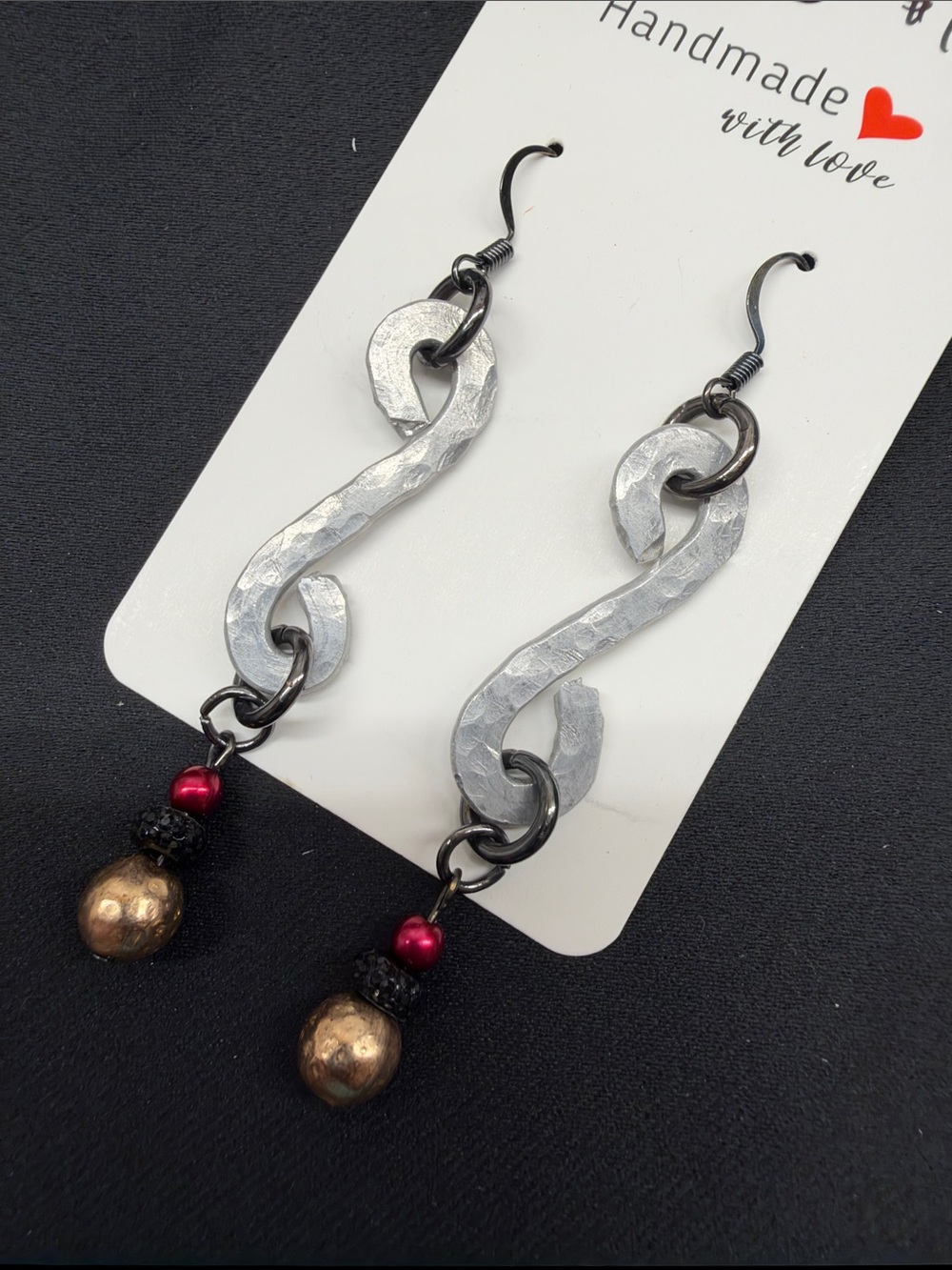NEW Handmade Silver-Tone Hammered S-Shape Earrings with Gold and Red Beads